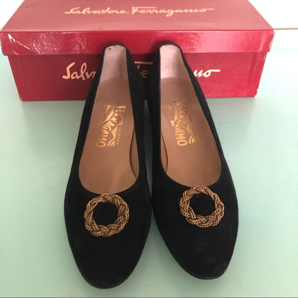 Vintage Salvatore Ferragamo Black Suede Flats - Picture 1 of 9